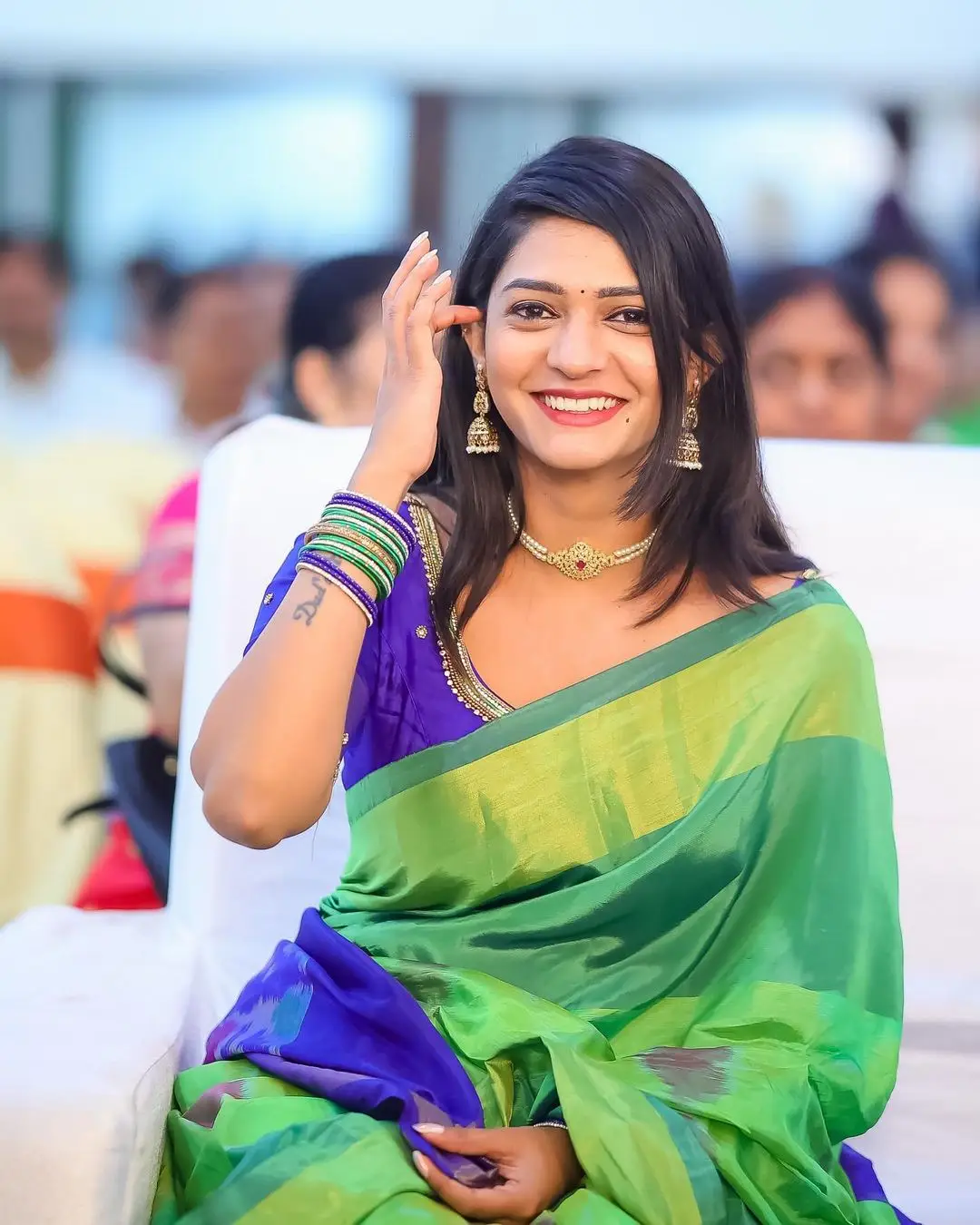 NISARGA GOWDA IN SOUTH INDIAN TRADITIONAL GREEN SAREE BLUE BLOUSE 3